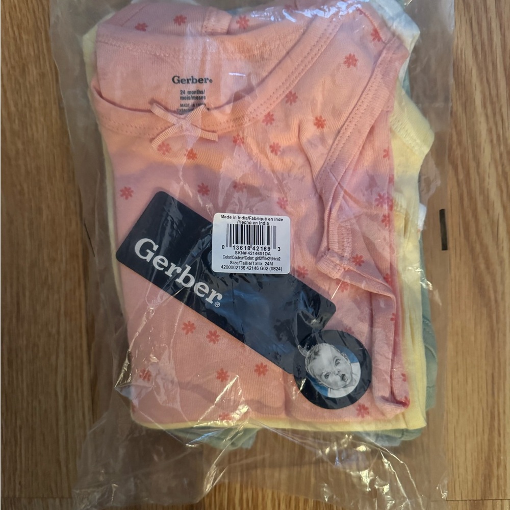Gerber Baby sleeveless Onesies - 🍑, white, 🍋, blue, green with small designs, 5
